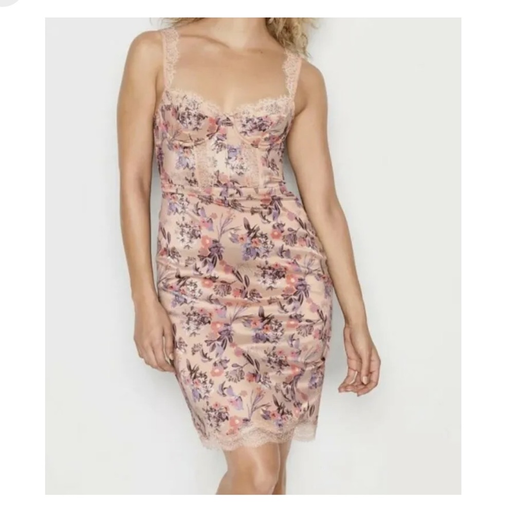 Victoria's Secret Pink/Beige Floral Silky Slip Dress w/ Corset